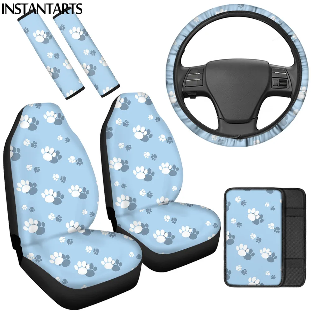 

INSTANTARTS Lovely Paw Pattern Comfortable Vehicle Seat Covers Steering Wheel Cover Non-skid Car Center Cover Shoulder Strap Pad