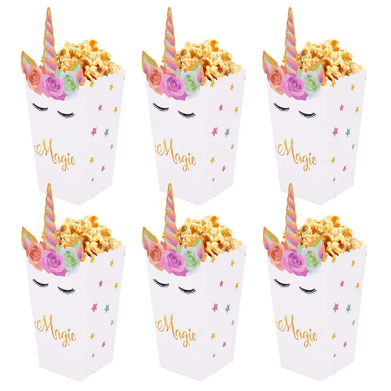 Papier, jednorożce cukierki prezent torba impreza jednorożec Cookie pudełko na Popcorn dla dzieci dziewczyna materiały do dekoracji przyjęcia urodzinowego Baby Shower Favor — zdjęcie 6