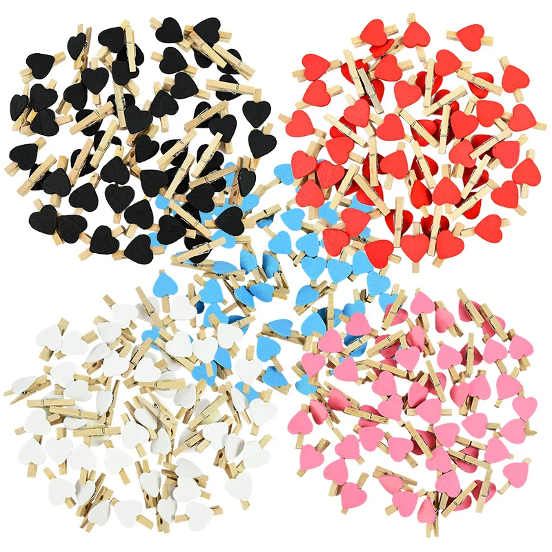 50PCS 30mm Chic Wedding Birthday Party Supplies Photo Wall Decoration White/Blue/Pink/Red Mini Heart Wooden Craft Clip Peg