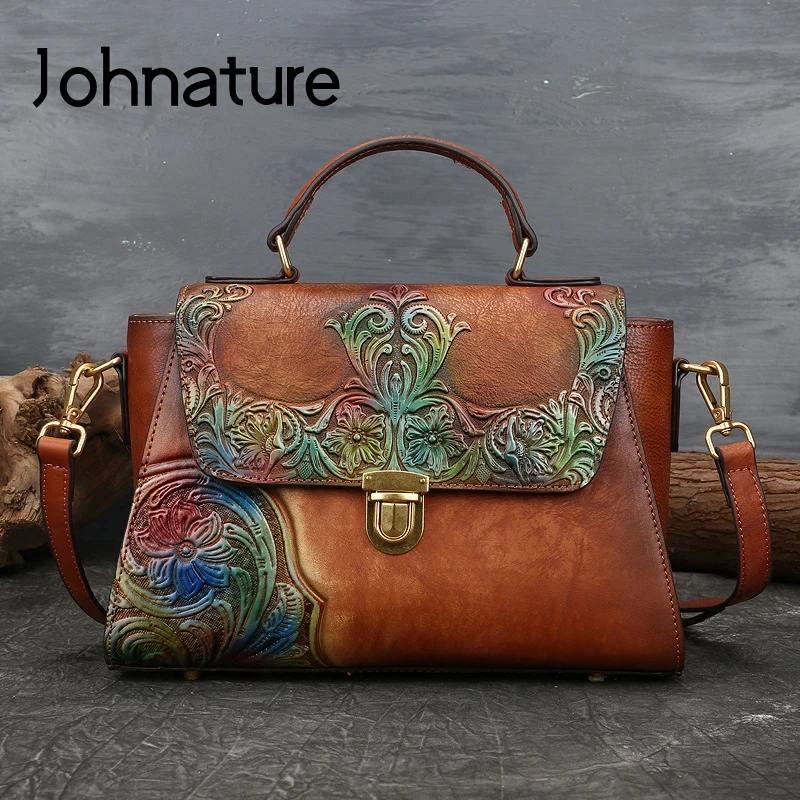 

Johnature 2024 Summer New Bag Women First Layer Cow Leather Luxury Handbag Vintage Handmade Embossed Shoulder Messenger Bags