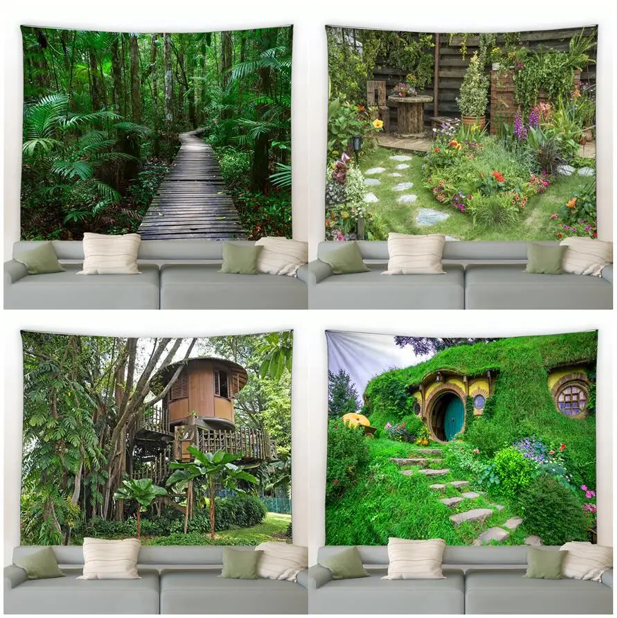 Tropical Palm Trees Jungle Landscape Tapestry Spring Flowers Wooden House Nature Green Plant Home Living Room Decor Wall Hanging