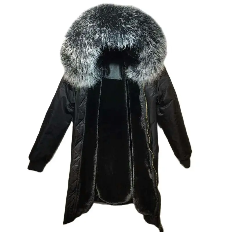 Long Style Baseball Uniform Flight Suit For Women Elegent And Warm Black Coat Faux Fur Liner Real Raccoon Fur Collar S-4XL