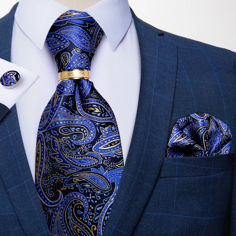 

8cm Blue Purple Paisley Men Silk Tie Business Wedding Party Tie Hanky Cufflink Tie Ring Set Shirt Accessories Men Gift DiBanGu