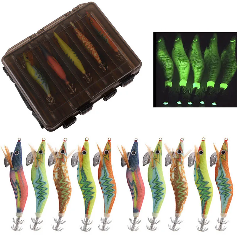 10Pcs/Box Luminous Squid jigs Wood Shrimp bait Octopus Fishing Lures hook 12g 14.5g Artificial bait with double layer box