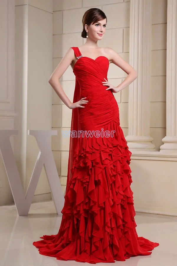 free shipping 2016 new arrival hot fairy tale dress one shoulder custom size/color red crystal mermaid chiffon bridesmaid dress