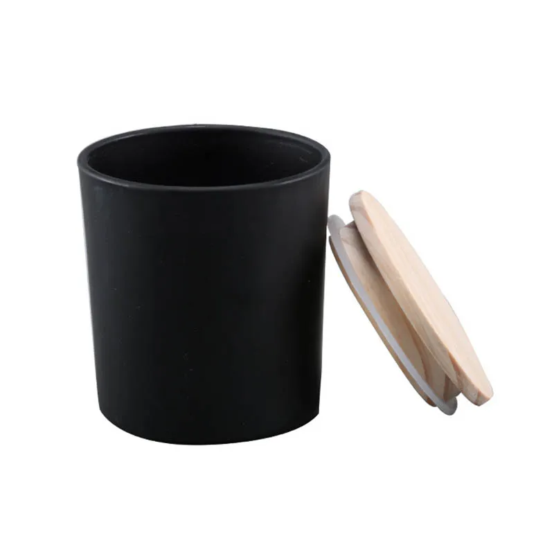 Aromatherapy Glass Candle Cup with Wood Lid Matte black Wax Container Candlestick for Home decor DIY Candles making empty Jars