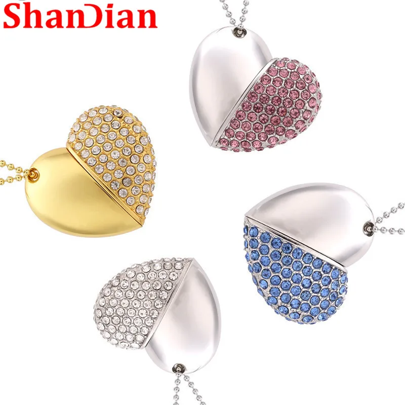 SHANDIAN Promotions fashion metal heart crystal USB Flash Drive precious stone pen drive beauty gift USB 2.0 Memorial Fa