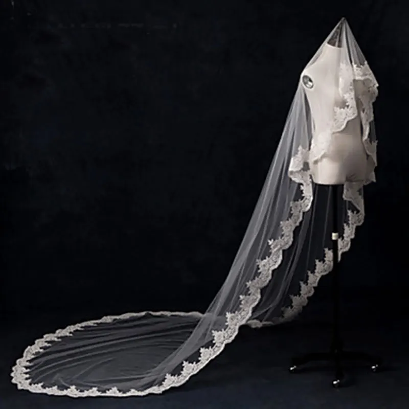 Elegant Lace Wedding Veils Tulle White Bridal Veils Lace Applique Edge with Pearl  wedding veils long cathedrals