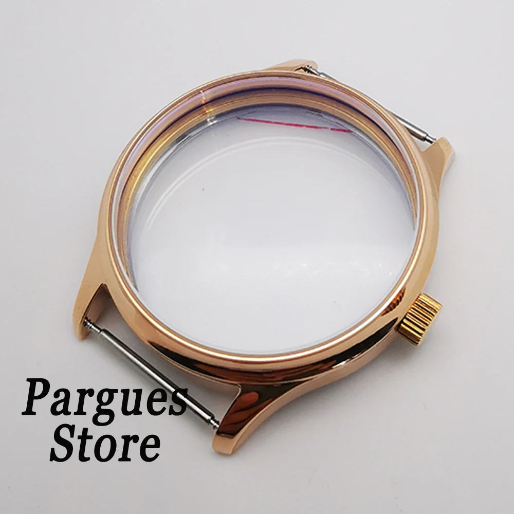 44mm Rose Gold/Black PVD Coated SS Watch Case Fit ETA 6497/6498 ST36 Manual Winding Mechanical Movement