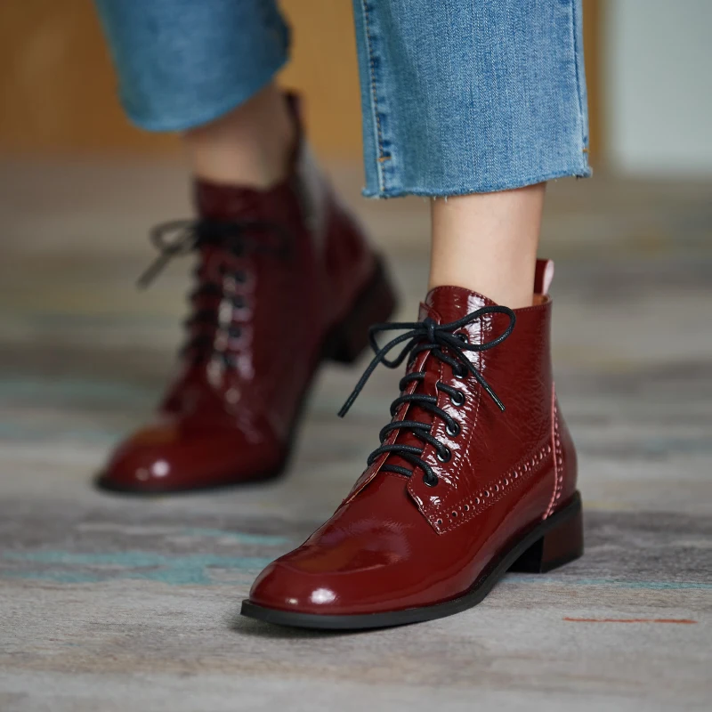 Quality Women Genuine Leather Ankle Boots Round Toe Lace Up Riding Boots Warm 2020 Autumn Winter New Nigh Club Punk Shoes Woman