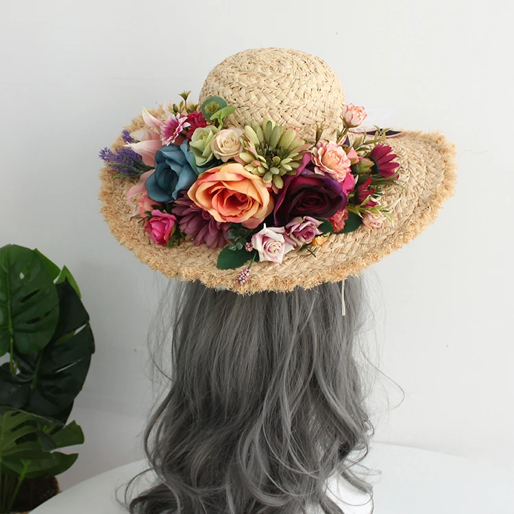 Bolso de playa de paja de ratán con flores Multicolor, traje de sombrero, Asa superior, bolso de mano para mujer, fotografía de vacaciones de verano