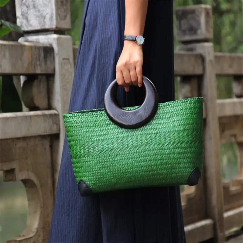 36x20CM Handmade Straw Bag Thai Rattan Straw Bag Seaside Vacation Beach Bag Woven Women Wooden Handbag Rattan Bag a6106