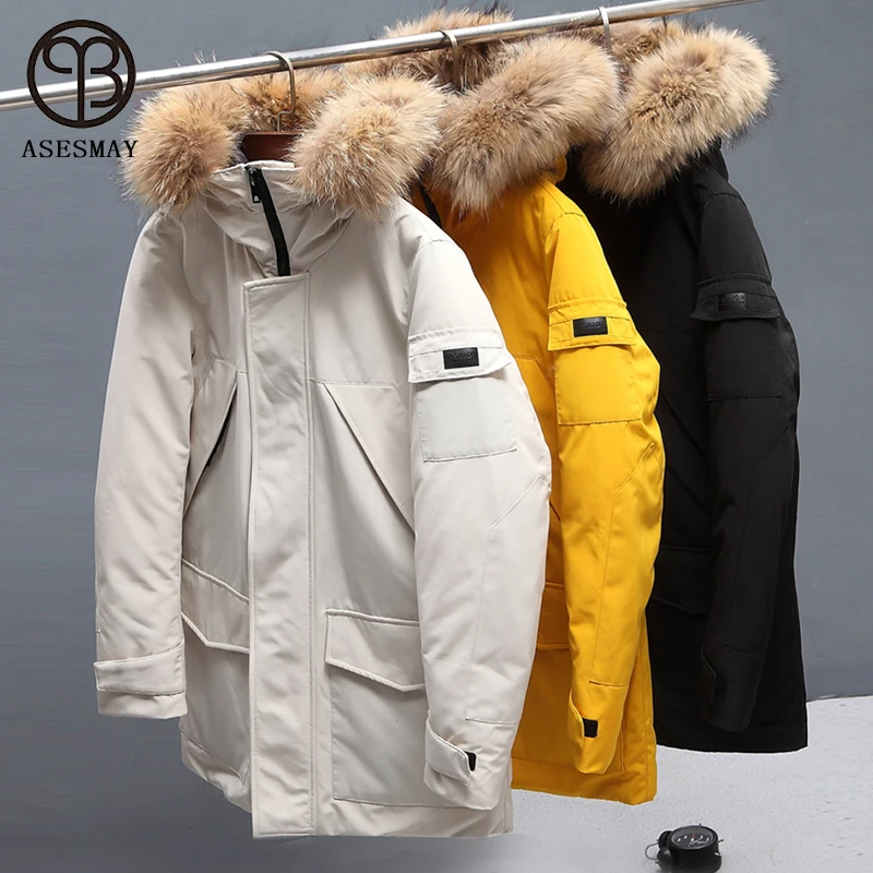 Asesmay Brand Clothing Men Down Jacket Real Fur Hooded Long Winter Coats Male Parka New Tracksuit Joggers Luxury Lovers Outwear