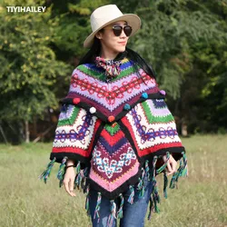 TIYIHAILEY Free Shipping Fashion 100% wool Cloak Hooded Coat Loose Outerwear Hand Made National Women Sweaters Tassels Winter