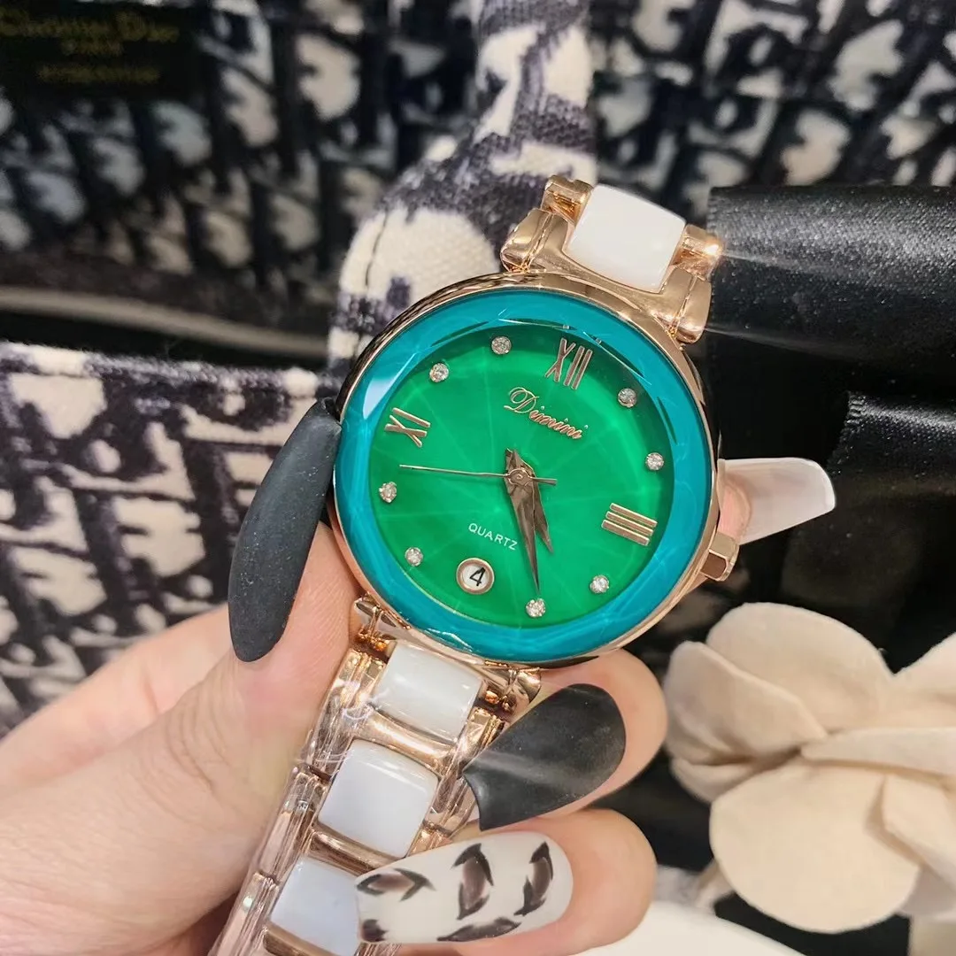 Shining Green Women Roman Watches Real Ceramic Bracelets Wrist watch Calendar Analog Watches Natural Shell Watches Waterproof