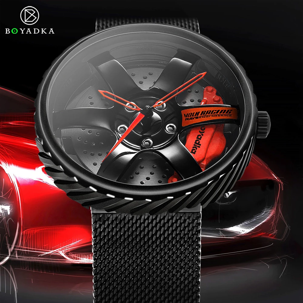 

BOYADKA 2021 Men's Rim Hub Watch Car Wheel Watches Sport Waterproof Custom Design Creative Quartz Wrist Watch Relogio Masculino