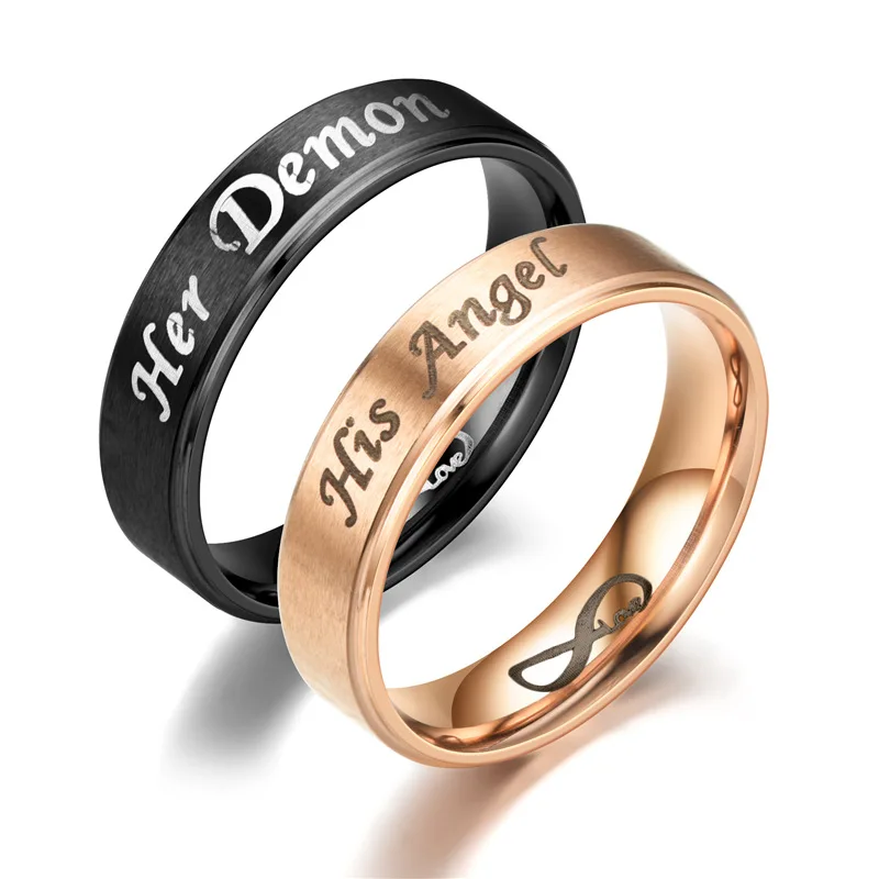 AsJerlya 6mm Couple Rings Her Demon His Angel Black Ring For Women Men Stainless Steel Eternal LOVE Jewelry Accessories