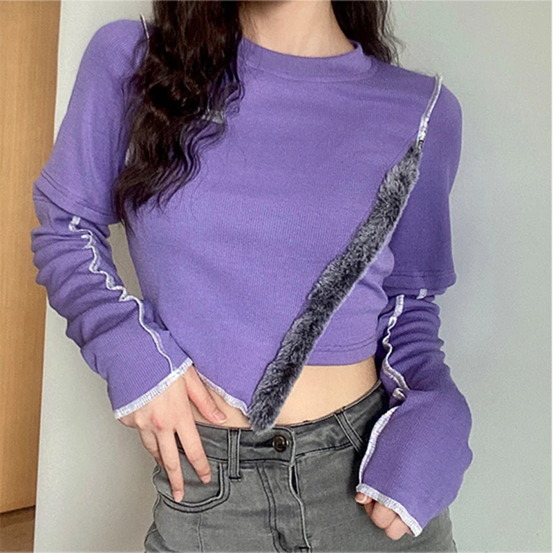 

Women slim outdoor running long sleeve round neck fashion splicing Yoga irregular navel exposed T-shirt personalized fitness top