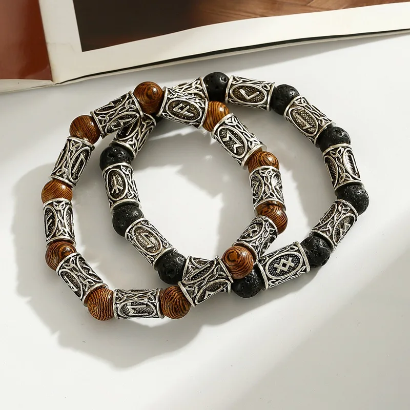 Ethnic Viking Rune Antique Beads Bracelet Handmade Bohemian Wood Lava Stone Bangles Charm Bracelets For Men Jewelry Gift