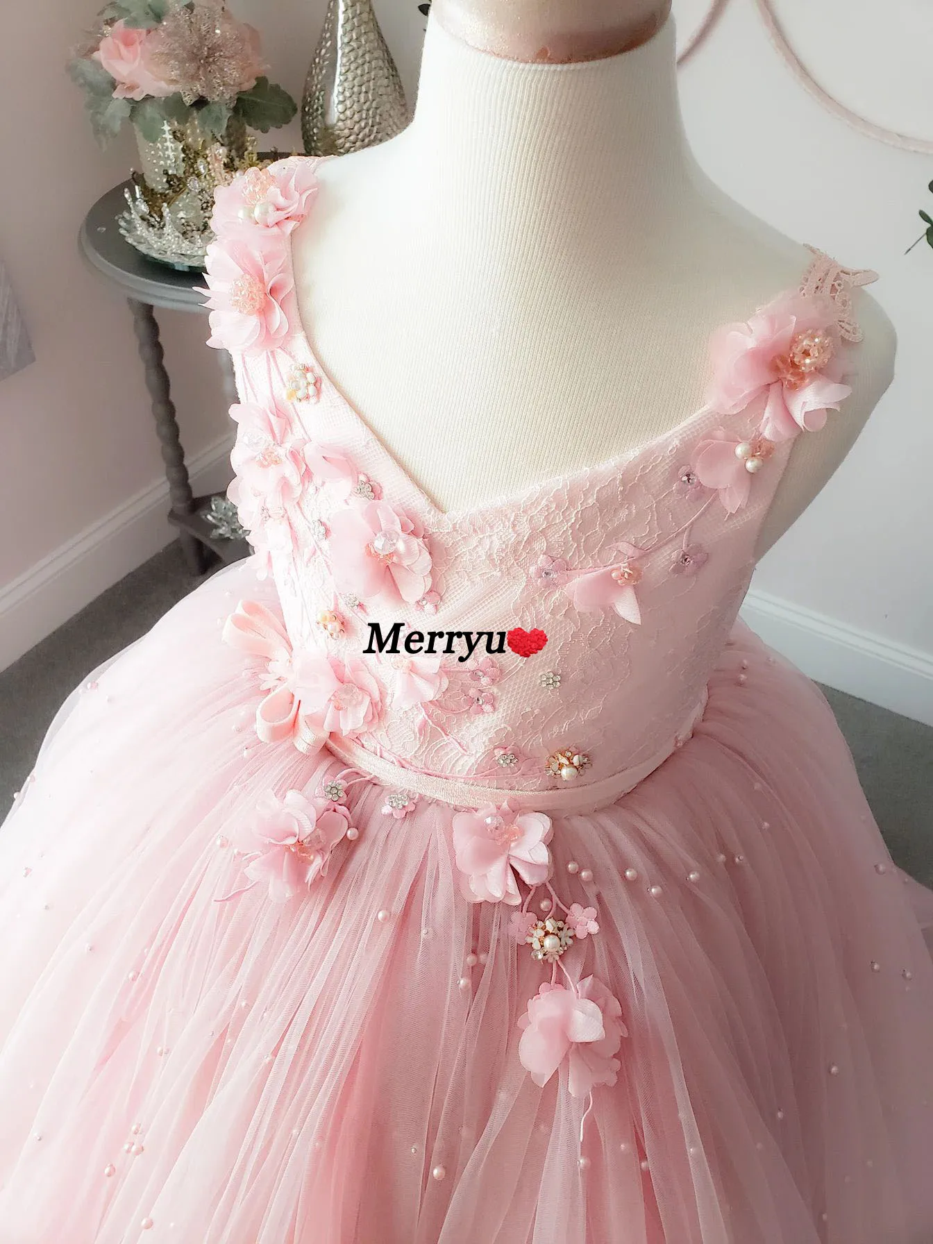 Robe de bal en dentelle rose pour filles, tenue princesse à fleurs scintillantes, robes de concours, robe de première Communion pour mariage, nouveau nœud