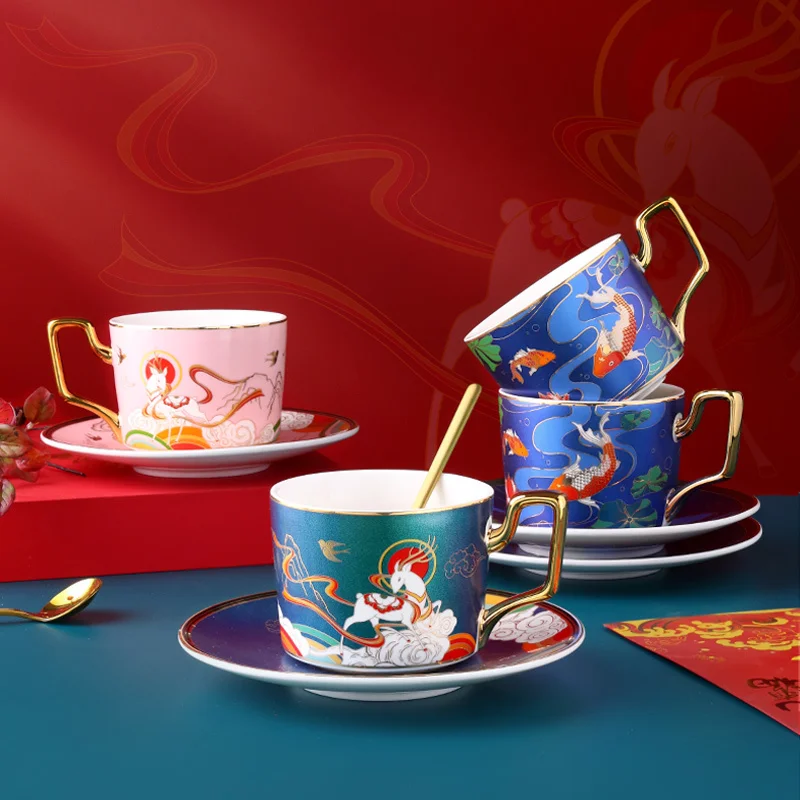 

200ml Chinese Fashion Style Bone China Coffee Cup Saucer Spoon Set Luxury Ceramic Mug Advanced Porcelain Meal Cutlery Drinkware