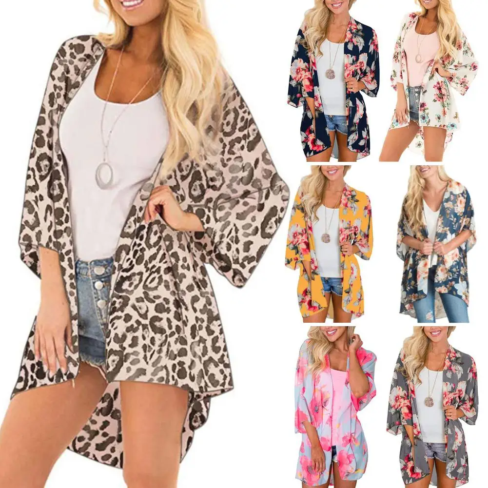 Mulheres Floral Leopardo Estampa Xale de Meia Manga, Kimono Chiffon, Cardigan de Praia, Bikini Cover Up, Wrap Beachwear, Exterior, Casaco Anti-UV