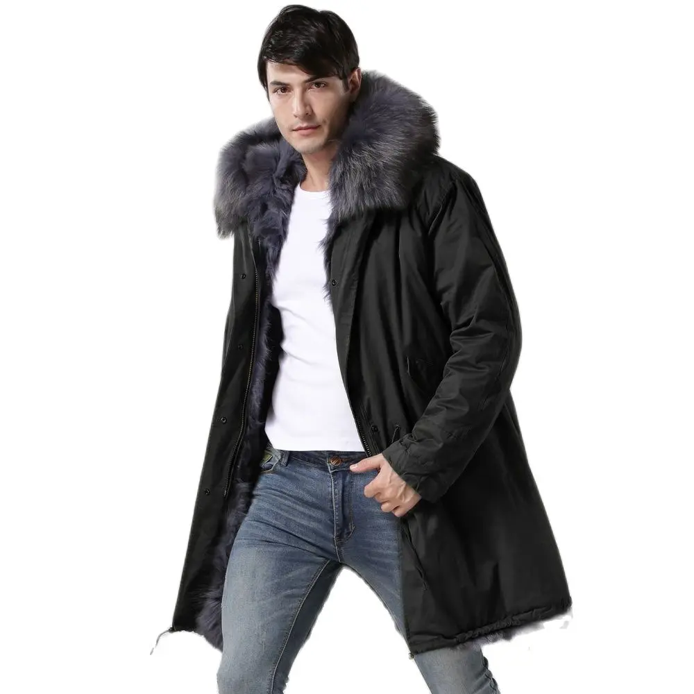 Fashion Thick Warm Parka Black Outshell With Grey Fox Fur Lining Long Fur Coat Winter Men Overcoat