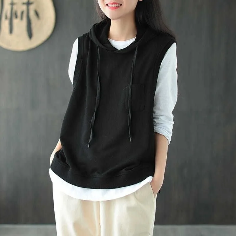 Women Hoodies Solid Ins Chic Simple Sleeveless Hooded Sweatshirts Female All-match Fashion Daily Korean Style Streetwear Cotton