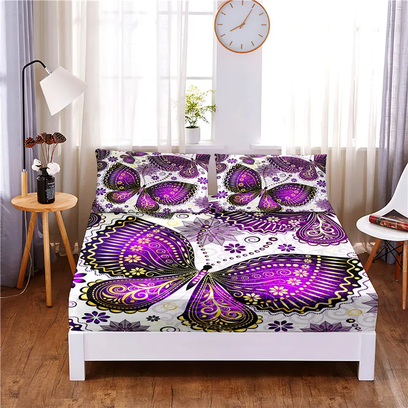 

Purple Butterfly Digital Printed 3pc Polyester Fitted Sheet Mattress Cover Four Corners with Elastic Band Bed Sheet Pillowcases