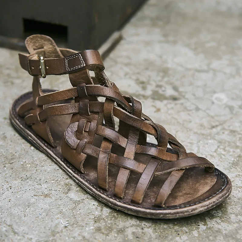 Luxury Handmade Gladiator Mens Cross Straps Cowhide Genuine Leather Sandals Vintage Open Toe Beach Sandals Buckle Male Shoes