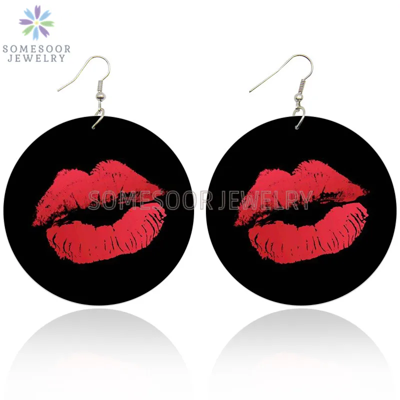 SOMESOOR Vintage Big Red Lips Painted Wooden Drop Earrings 6CM Round Pendant Loops Bohemian Ear Dangle Jewelry For Women Gifts