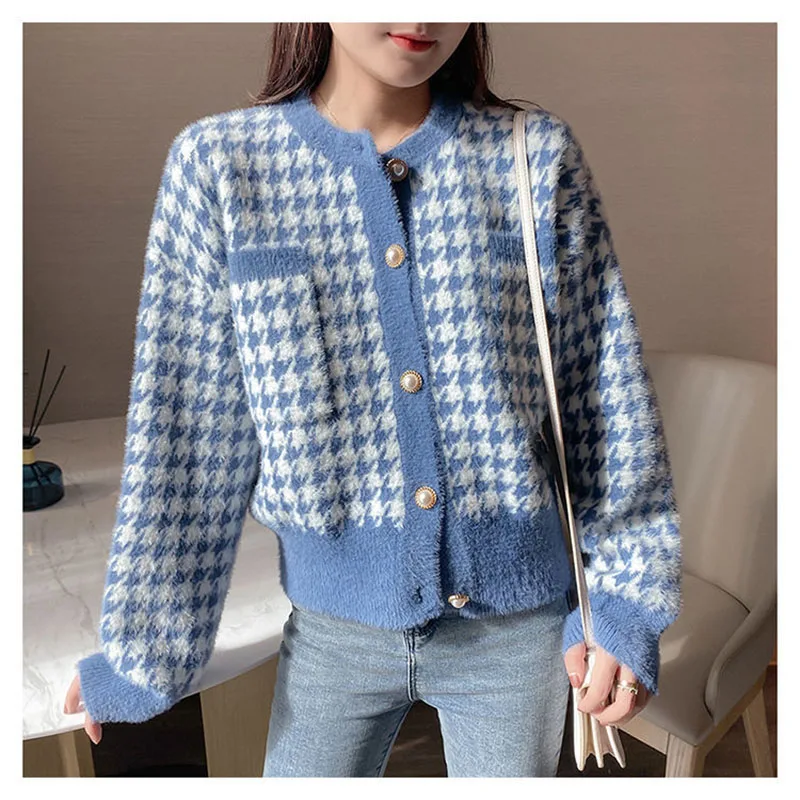 Korean Pink Plaid Short Sweater Cardigan Tops Women Elegant Faux Mink Cashmere Knitwear Coats Fall Winter O-neck Knitted Abrigos