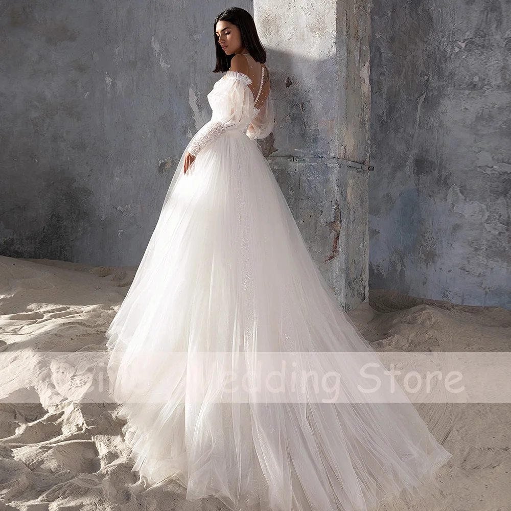 Sequin Sweetheart Wedding Dresses Long 2021 Women Simple Puff Sleeves  Gown Zipper Sweep Train Bride Dress robe de mariée