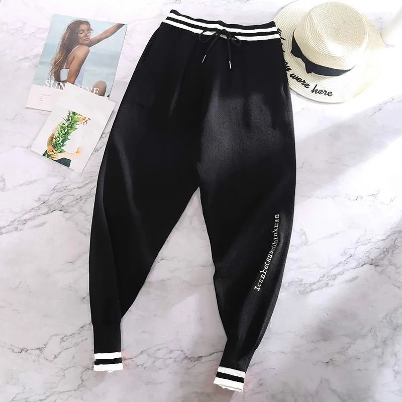 Nomikuma Knitted Stripe Harem Pants 2023 Autumn Winter Thick Sweater Women Trousers Lace Up Stretch High Waist Ankle  6C815