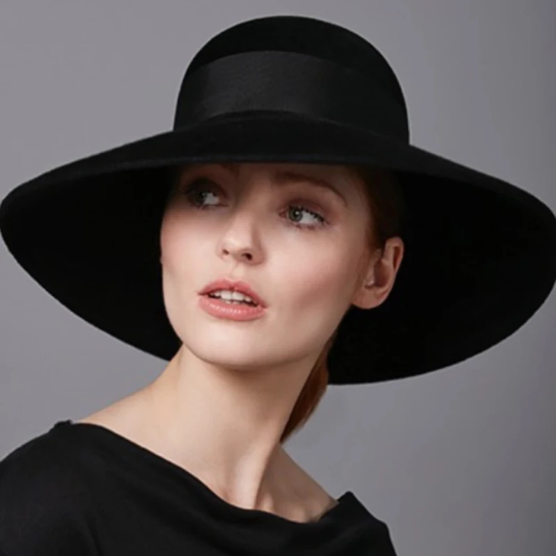 Vintage Luxury Catwalk Black Pure Wool Felt Floppy Hat Wide Brim Women Winter Fedora Cloche Bowler Hat Wedding Party Church Hat