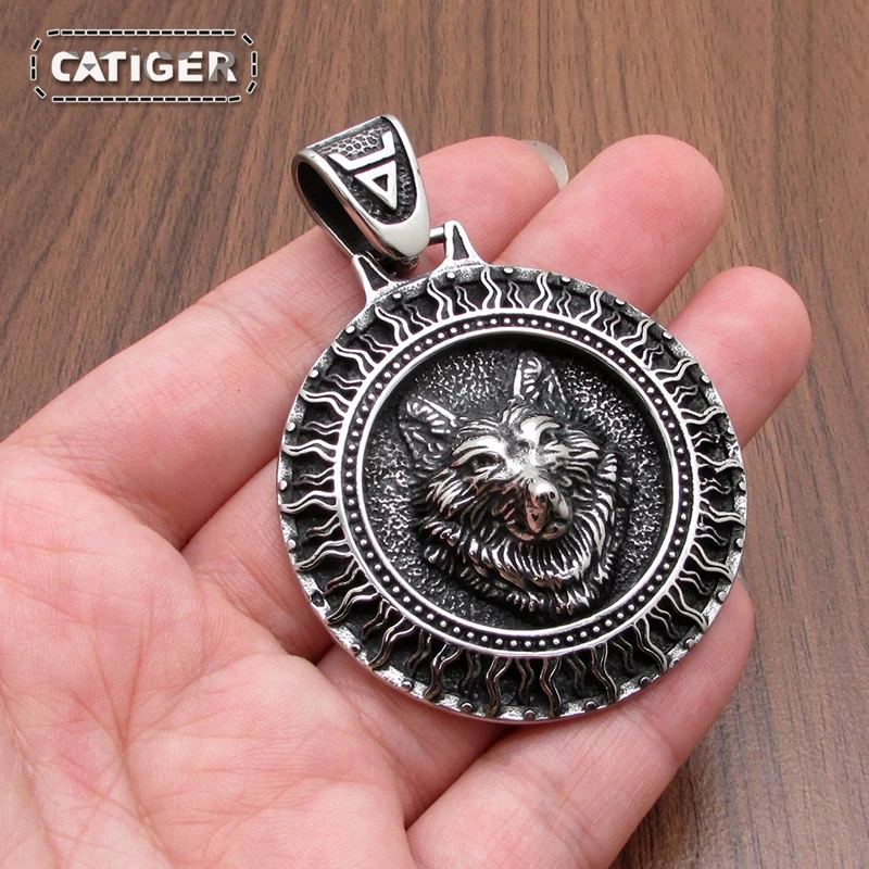 316L Stainless Steel Nordic  Sun Veles Wolf Head Pendant Viking Rune Talisman Slavic Scandinavian Amulet Jewelry