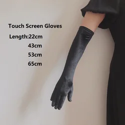 Guantes largos de terciopelo dorado para mujer, manoplas largas para pantalla táctil de 43cm, 53cm, 65cm, guantes negros cálidos, guantes elásticos de terciopelo para conducir, otoño e invierno