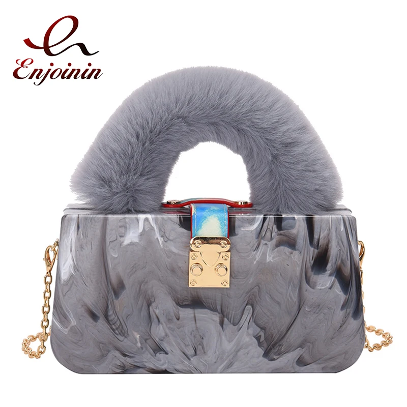 Faux Fur Top Handle Acrylic Party Box Clutch Fashion Purses and Handbags for Women Designer Evening Bag Chain Shoulder Bag 2021