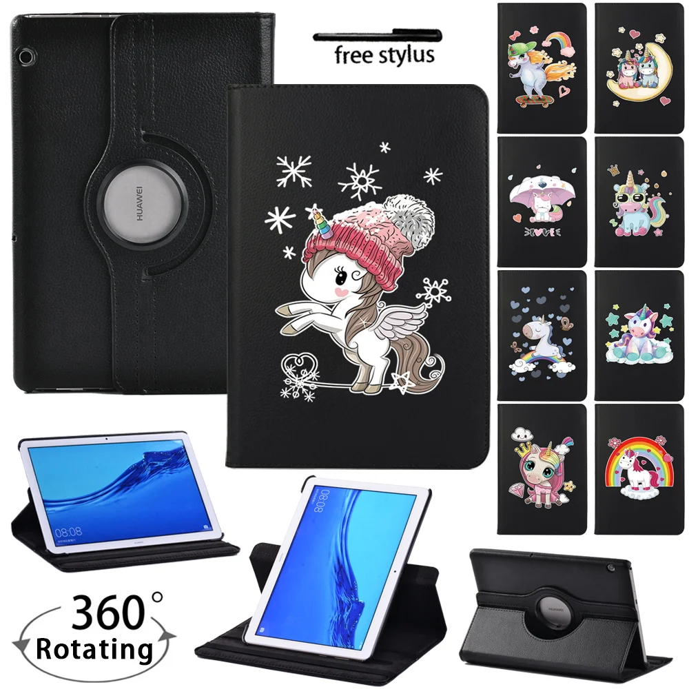 

For Huawei MediaPad T3 10 9.6"/MediaPad T5 10 10.1" Tablet Case 360 Rotating Bracket Flip Stand Leather Cover + Pen