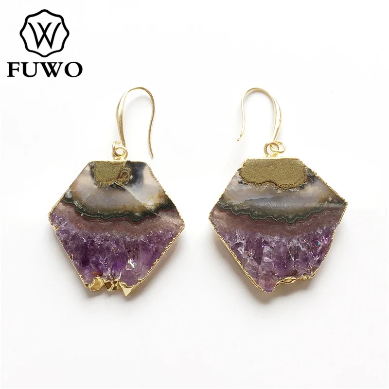 

FUWO Trendy Women Natural slice Purple Crystal Quartz Earrings Genuine Golden Plated Amethysts Jewelry For Women ER043