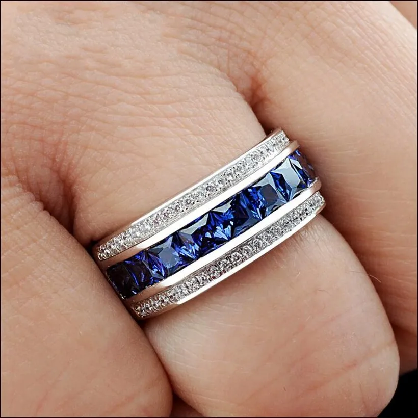 Men\'s Deluxe 10K white Gold Princess-cut Blue Sapphire Crystal gemstone Band ring Wedding Rings for Men Women jewelry