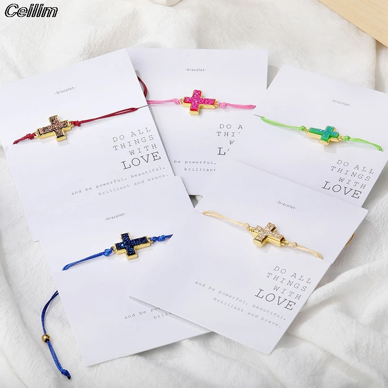 

2Pcs Druzy Cross Charm Couple Bracelet Adjustable Handmade Woven String Rope Bracelets For Women Friend Lover Jewelry Pulseira