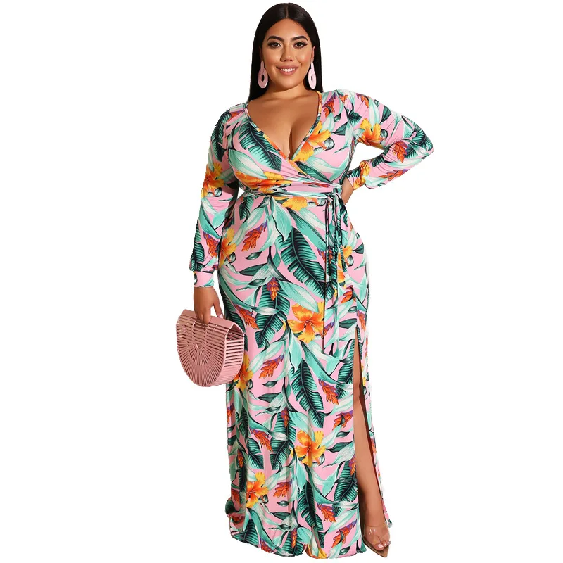 Moda feminina outono vestido impresso laço apertado-fitting saco quadris profundo decote em v manga longa hem split-fork vestido sexy plus size