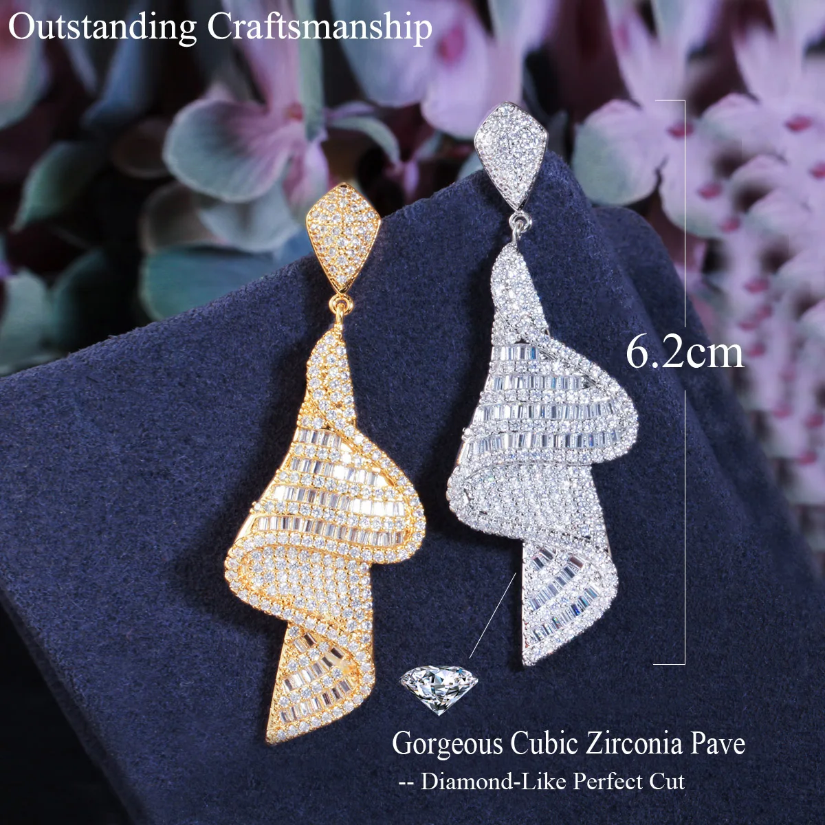 CWWZircons Geometrische Funkelnden Phantasie Weiß Zirkonia Big Lange Tropfen Ohrringe für Frauen Dubai Gold Farbe Braut Schmuck CZ803 – Detail 1