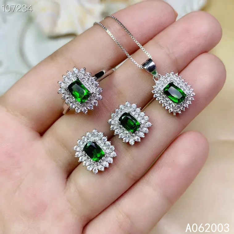 

KJJEAXCMY Fine Jewelry 925 sterling silver inlaid natural diopside ring pendant earring set classic supports test