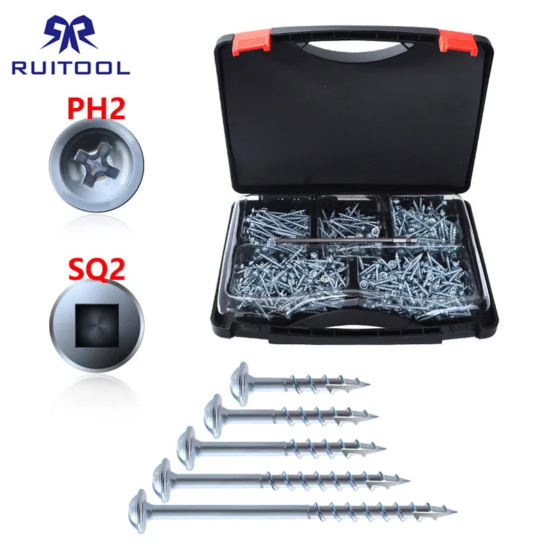 

552pcs Wood Screws Coarse Thread Pocket Hole Screw Kits Zinc Coated 25-63mm Square/PH2 Head Self Tapping Screws for Woodworking