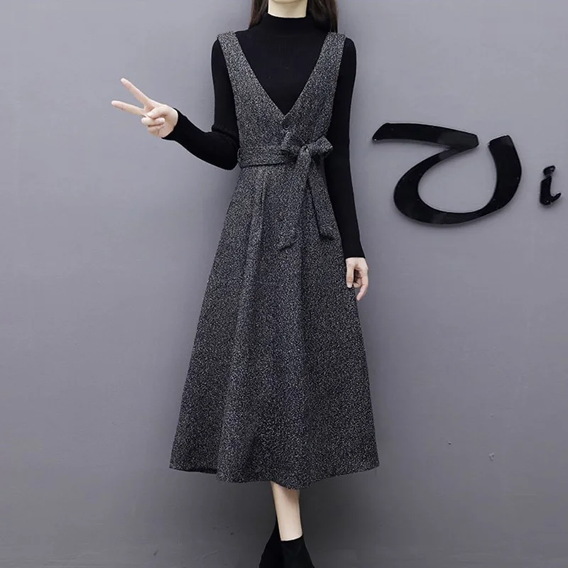 2023New Autumn Winter Long Two-Piece Suit Dresses Women's Female Fashion 5XL Slim Bottoming Dress + Knitt Sweater Female Clothes