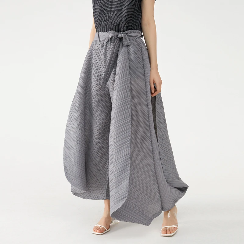 Miyake Pleated Wide Leg Loose Pants Stitching Casual Big Trousers Women Summer Dubai Designer Fashion Belt Aesthetic Clothes