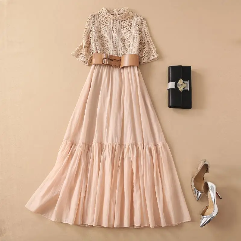 

High Quality New Nice Nice Celebrity Summer WomenElegant Water Soluble Lace Patchwork Belt Ruffles Beige Guipure Long Dress