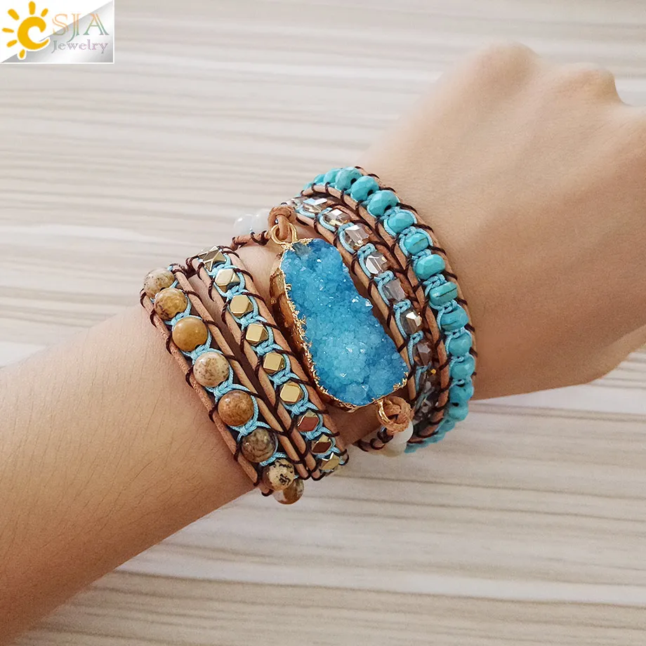 

CSJA Natural Gems Stone Wrap Bracelet Druses Druzy Geode Slice Bracelets Jewellery for Women 5 Strands Fashion Boho Jewelry S224